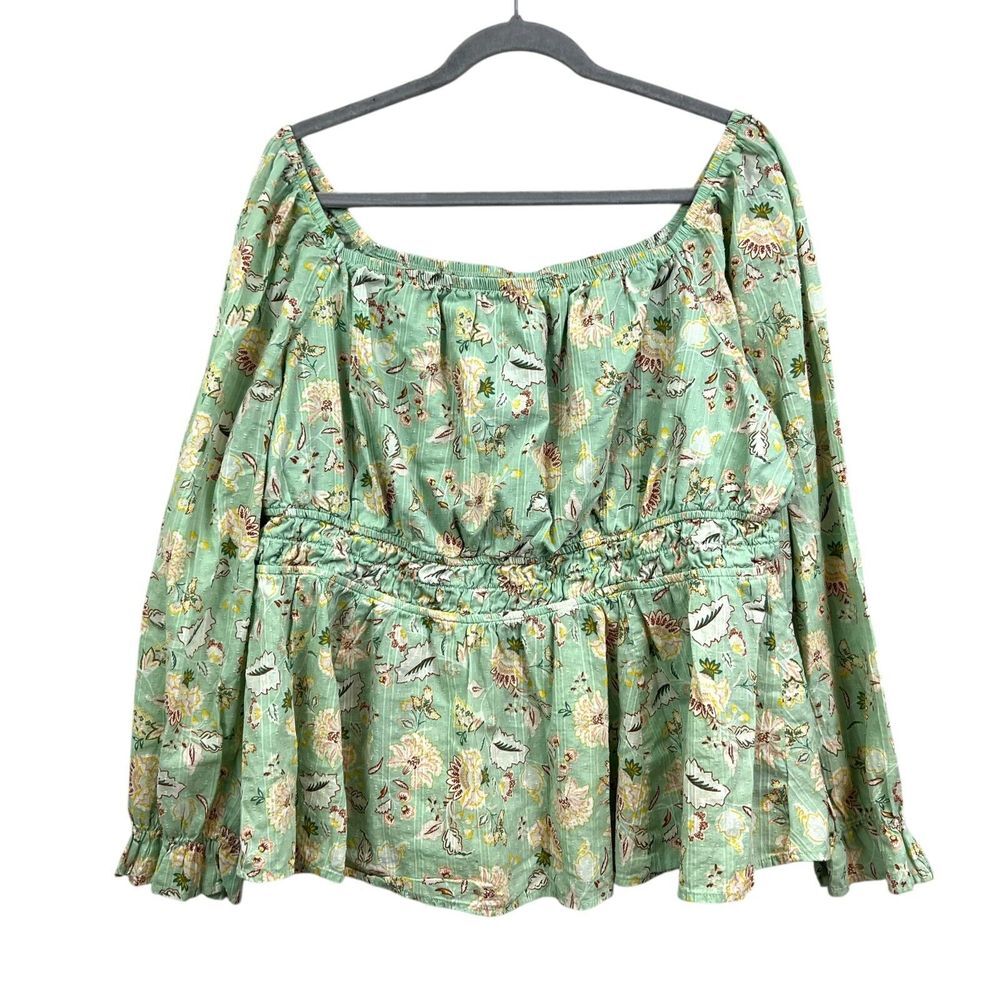 Torrid Womens Smocked Top Blouse Floral Ballon Bishop Sleeves Green Size 2*